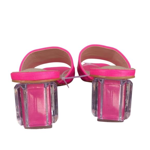 Camssoo Square Open Toe Clear Heels embossed print pink sandals Barbie size 9 - Picture 3 of 9